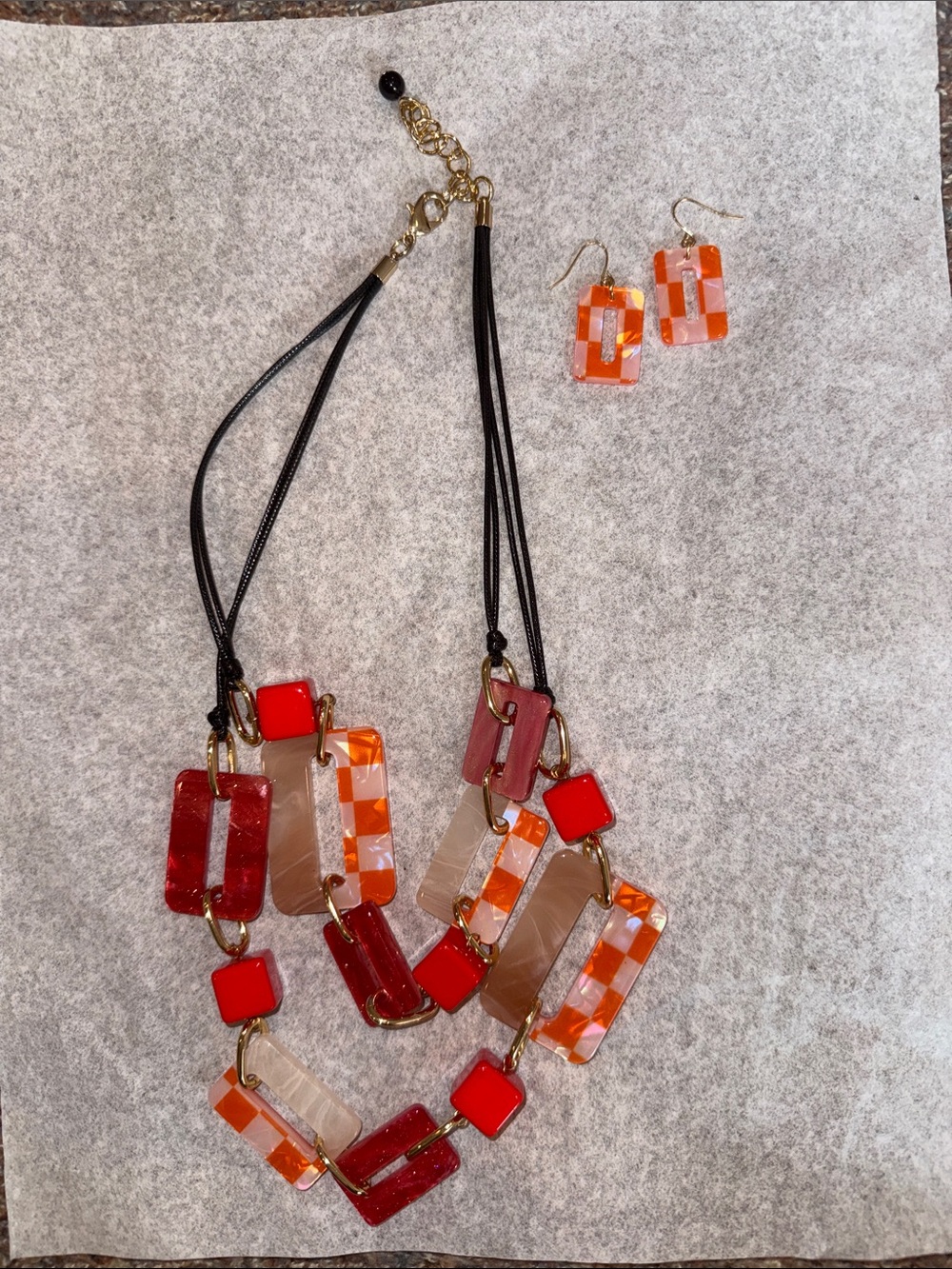 Statement Resin Link Necklace & Earrings in Red and Orange
